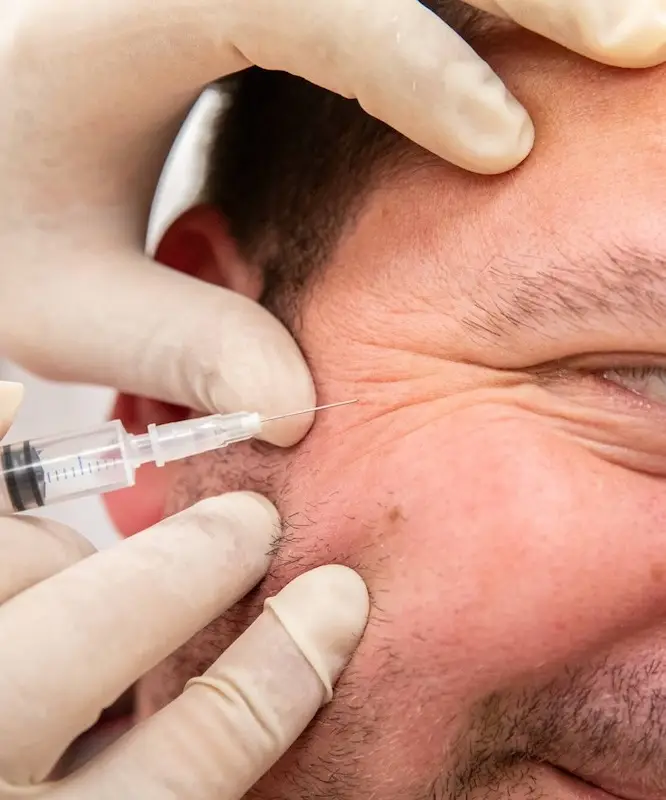 Close-up van een botox injectie in het voorhoofd